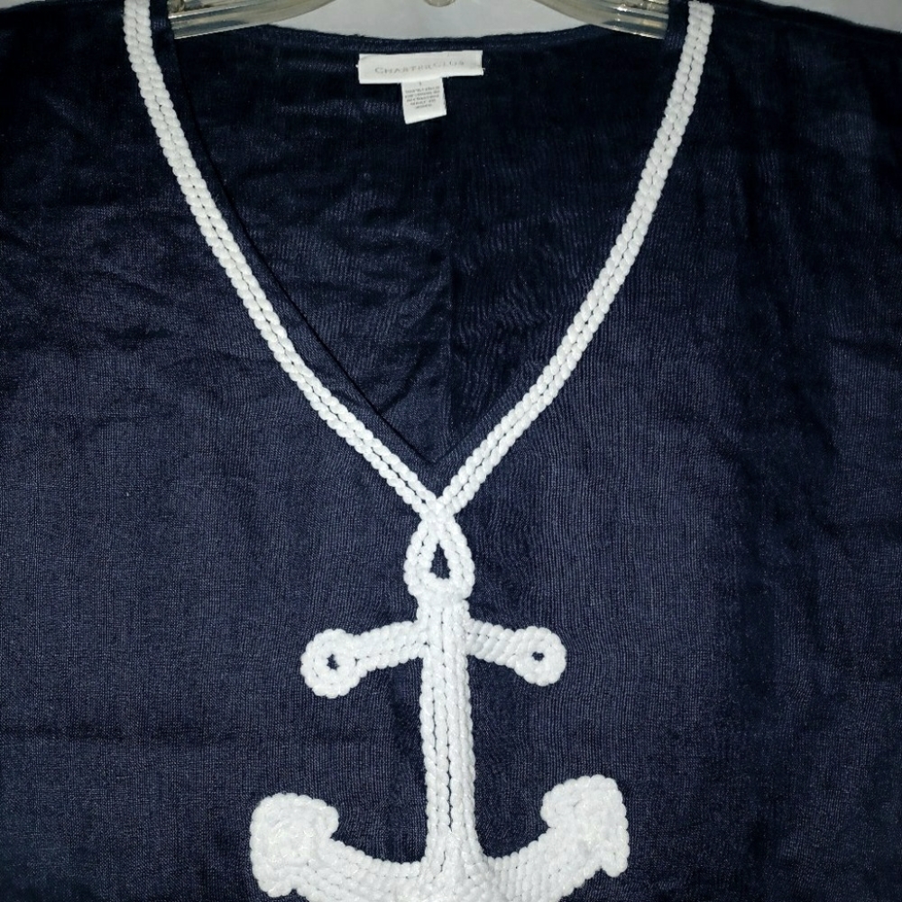 CHARTER CLUB COASTAL NAUTICAL ANCHOR TUNIC BLOUSE 100% LINEN BLUE WHITE LARGE